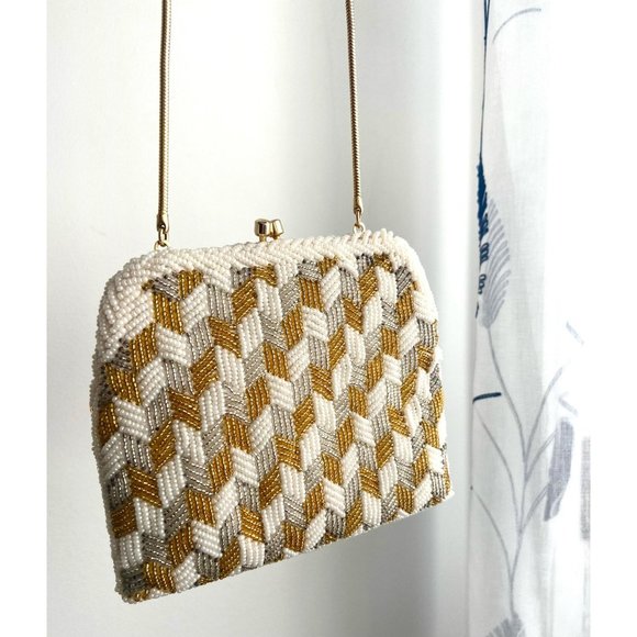 Vintage Handbags - Vintage White, Gold and Silver Small Beaded Evening Bag